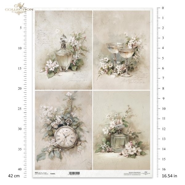 karafka, flakon, kieliszki, zegarek, białe kwiaty, vintage, pastelowe, romantyczne, sepia, martwa natura