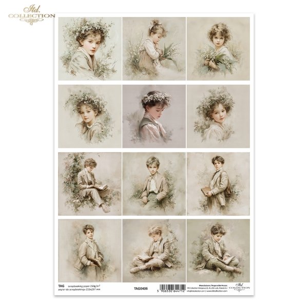 portrety, chłopcy, styl vintage, sepia, czytanie książek, klasyczne stroje, estetyka retro, akwarela, dziewczynka, kwiaty, konwalie, wianek, delikatność, pastelowe barwy