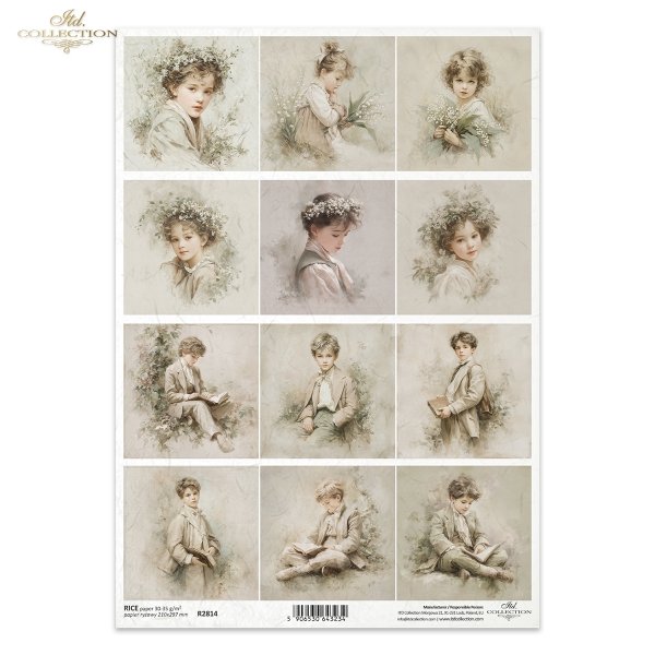 portrety, chłopcy, styl vintage, sepia, czytanie książek, klasyczne stroje, estetyka retro, akwarela, dziewczynka, kwiaty, konwalie, wianek, delikatność, pastelowe barwy