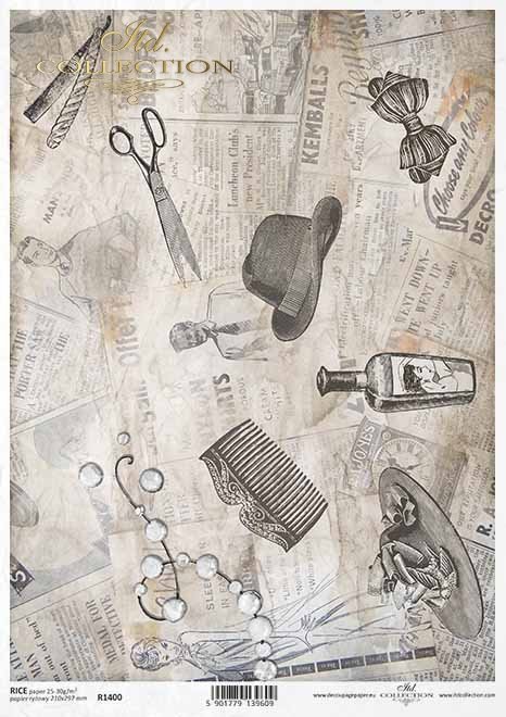 Vintage-Decoupage-Papier, alte Zeitung, Friseurzubehör*papel de decoupage vintage, periódico viejo, accesorios de peluquería*старинная бумага для декупажа, старая газета, парикмахерские принадлежности