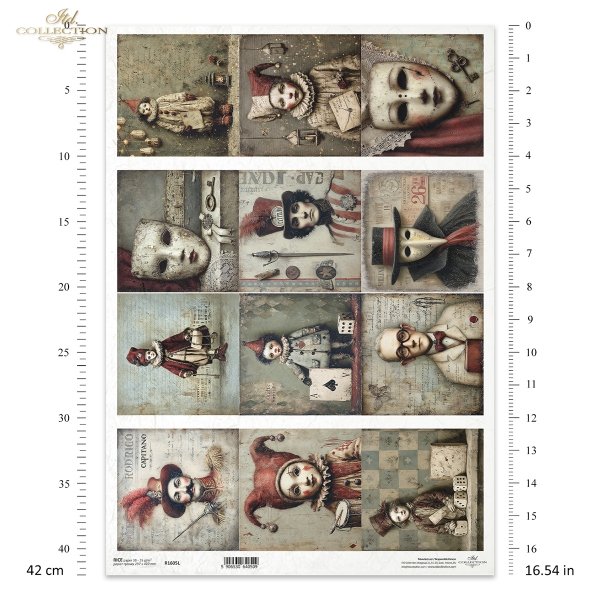 karnawał, maskarada, maski, arlekin, commedia dell’arte, cyrk, teatr, vintage, retro, melancholia, tajemnica, noc, papier postarzany, faktury, kolaż, postacie teatralne, Arlekin, Kolombina, Pulcinella (Pulcinela), Pantalone, Doktor, Kapitan, Brighella, Pi