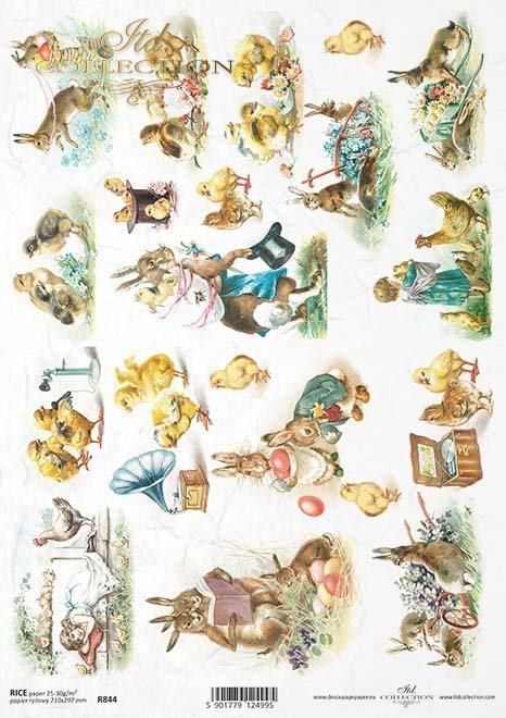 R844, Wielkanoc, motywy wielkanocne, wiosna, zając, królik, kura, retro, dziecko, dzieci, kurczak, pisklę, koszyk, wieś,  cylinder, niezapominajka, niezapominajki, Easter, easter motifs, spring, bunny, rabbit, hen, retro, child, children, chicken, chick, 