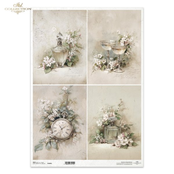 karafka, flakon, kieliszki, zegarek, białe kwiaty, vintage, pastelowe, romantyczne, sepia, martwa natura