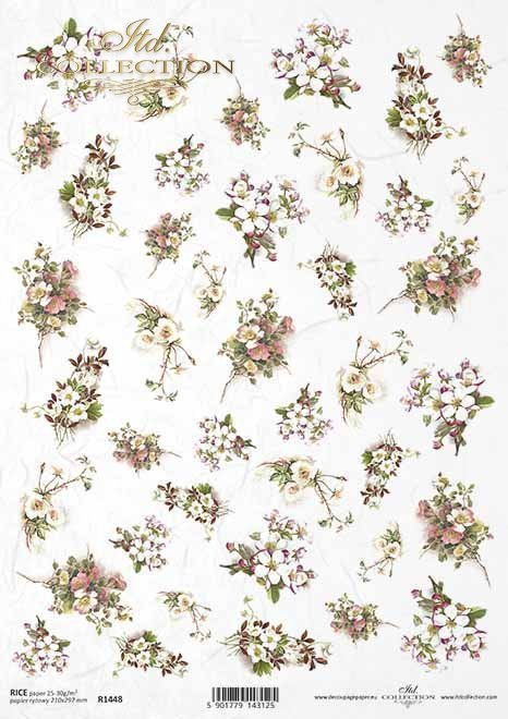 Rice paper R1448 - Paper for decoupage rice * flowers, wild rose, cherry  blossom, small elements