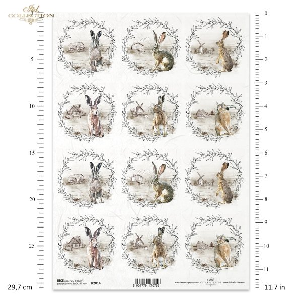 zając, zające, wieńce z widoczkami, wieś, chata, wiatrak, młyn, retro, R2014, hare, hares, wreaths with views, village, cottage, windmill, mill, retro, Hase, Hasen, Kränze mit Ansichten, Dorf, Landhaus, Windmühle, Mühle, Retro, liebre, liebres, coronas co