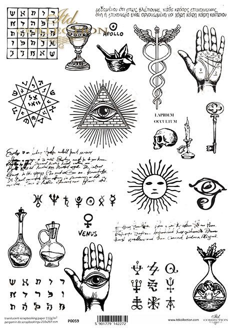 Pergamin do scrapbookingu, ręka, dłoń, linia życja, czaszka, oko, pismo, wróżba, chiromancja, linie papilarne, oko opatrzności, symbole, okultyzm