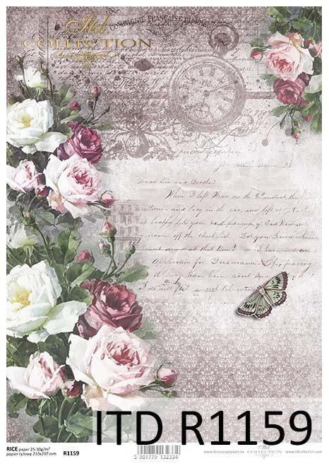 papier decoupage Vintage, kwiaty, róże, motyle*Vintage papel decoupage, flores, rosas, mariposas