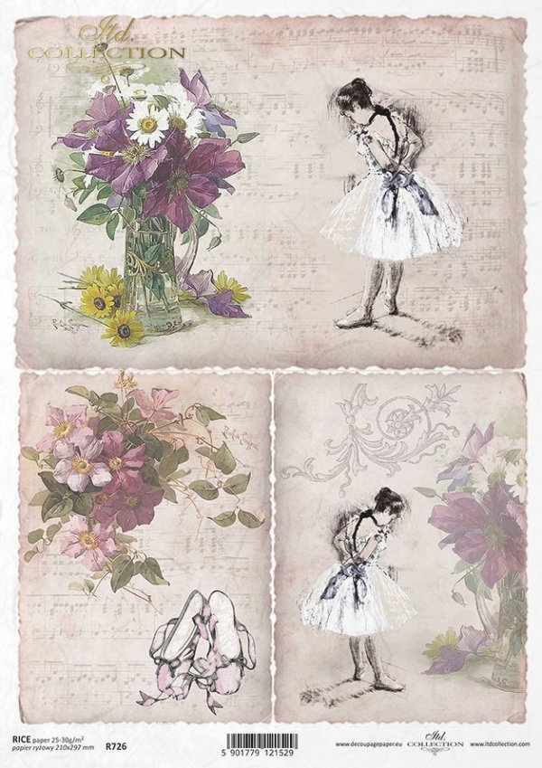 vintage, retro, kwiat, powojnik, clematis, baletnica, tancerka, tło, nuty, dekor, ornament, R726, flower, clematis, ballerina, dancer, background, notes, decoration, ornament, Blume, Clematis, Ballerina, Tänzerin, Hintergrund, Noten, Dekoration, Ornament,