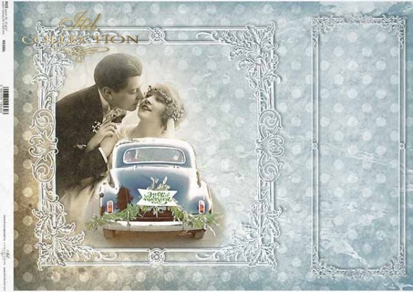 Papel decoupage. Pareja joven, coche de boda, marco decorativo blanco, Vintage*Decoupage-Papier Junge Paare, Hochzeitsauto, dekorativer weißer Rahmen, Weinlese*Декупаж из бумаги. Молодая пара, свадебная машина, декоративная белая рамка, винтаж