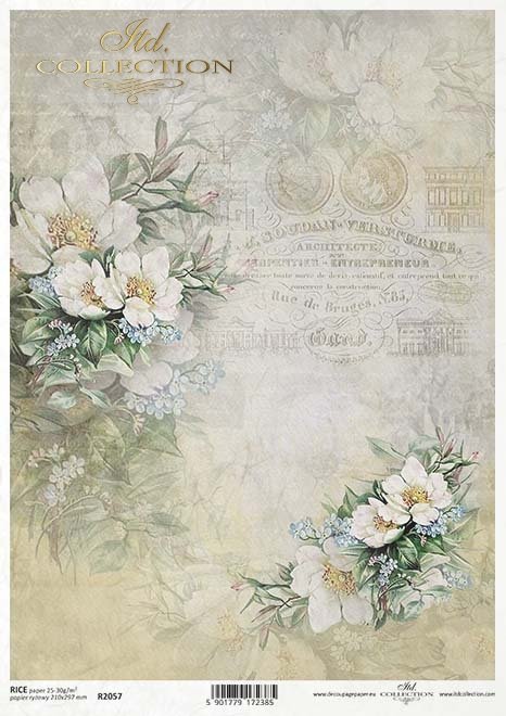 Papel Decoupage Arroz R2057 - Poste de flores en blanco, nomeolvides,  flores frutales