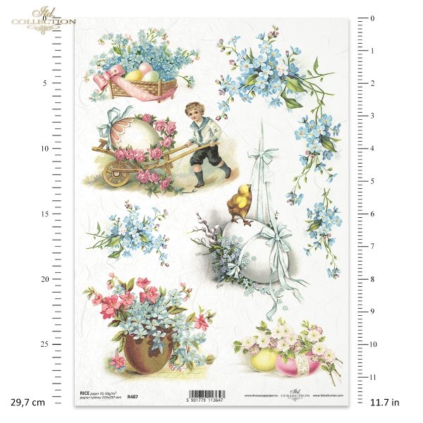 wiosna, Wielkanoc, motywy wiosenne, motywy wielkanocne, retro, vintage, wieś, taczka, chłopiec, pisklęta, pisklaki, kurczaki, jajka, pisanki, niezapominajki, 