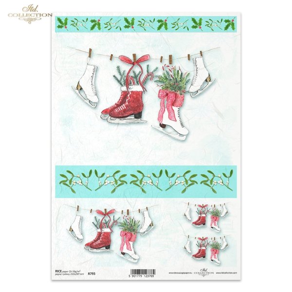 świąteczne stroiki, Boże Narodzenie, świąteczne dekoracje, ostrokrzew, jemioła, łyżwy figurowe, Magda Stanczew, R793, Christmas decorations, holly, mistletoe, figure skates, Weihnachtsdekoration, Weihnachten, Weihnachtsdekoration, Stechpalme, Mistelzweig,