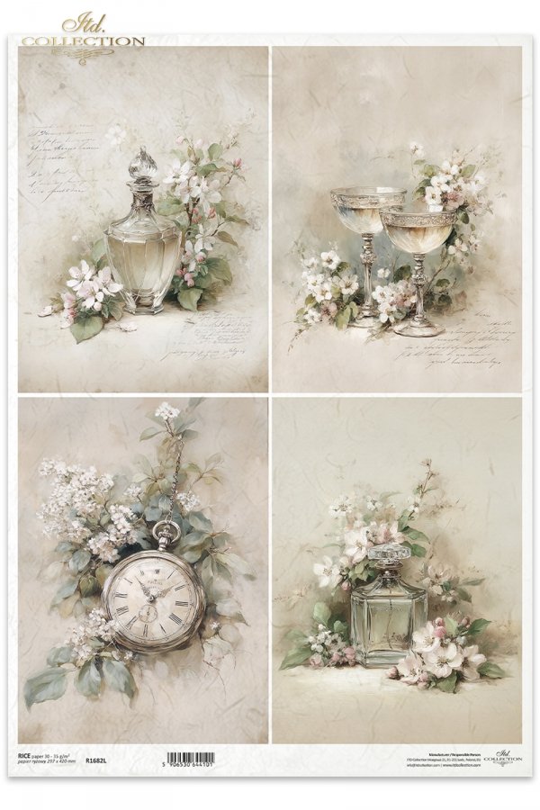 karafka, flakon, kieliszki, zegarek, białe kwiaty, vintage, pastelowe, romantyczne, sepia, martwa natura