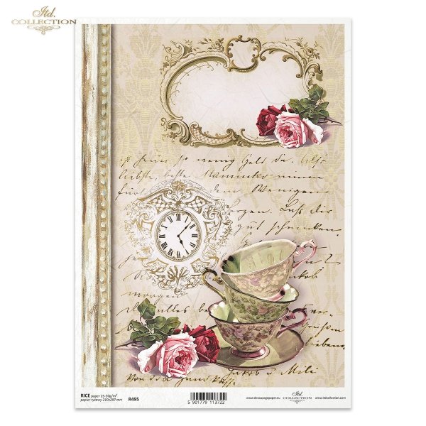 cups, old clock, cup, rose, roses, retro, background, vintage, tea time, all in retro style