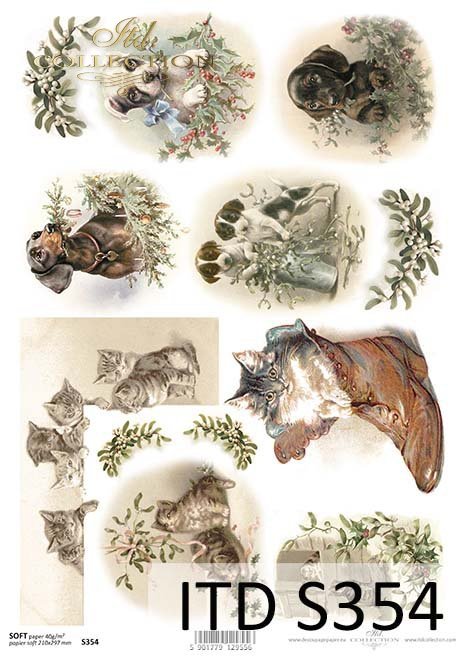 papier decoupage świąteczny, psy, koty*paper decoupage Christmas, dogs, cats