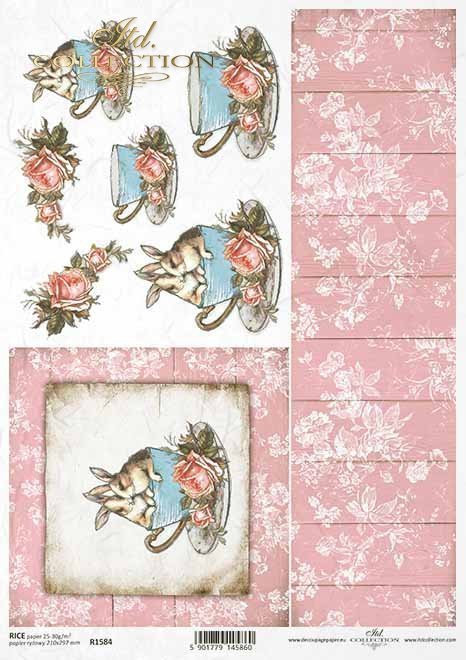 Pascua, Vintage, conejitos en una taza, tablas, flores, rosas*Ostern, Vintage, Hasen in einer Tasse, Bretter, Blumen, Rosen*Пасха, винтаж, зайчики в чашке, доски, цветы, розы
