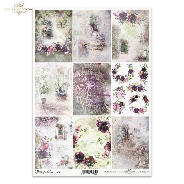 Seria Garden of Dreams, ogród, marzenia, lato, kwiaty, kwiatki, furtka, motyl, motyle, cytaty, dzbanek, bukiet, zegar, drzewko oliwne, kawiarenka, ulica, R2020, miniatury, miniatura, garden, dreams, summer, flowers, wicket, butterfly, butterflies, quotes,
