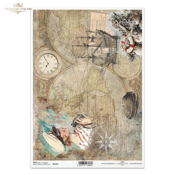 vintage, retro, stare mapy, mapa, żaglowiec, dziewczyna, marynarska czapka, kapitańska czapka, róża wiatrów, muszelka, muszelki, kotwica, zegar, podróż, wakacje, old maps, map, sailing ship, girl, sailor's cap