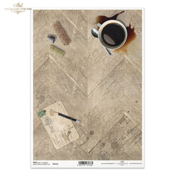 stara podłoga, stare deski, parkiet, drewno, rozlana kawa, plama, filiżanka, szpagat, naparstek, ołówek, kartka pocztowa, pocztówka, retro, old floor, old boards, parquet, wood, spilled coffee, stain, cup, twine, thimble