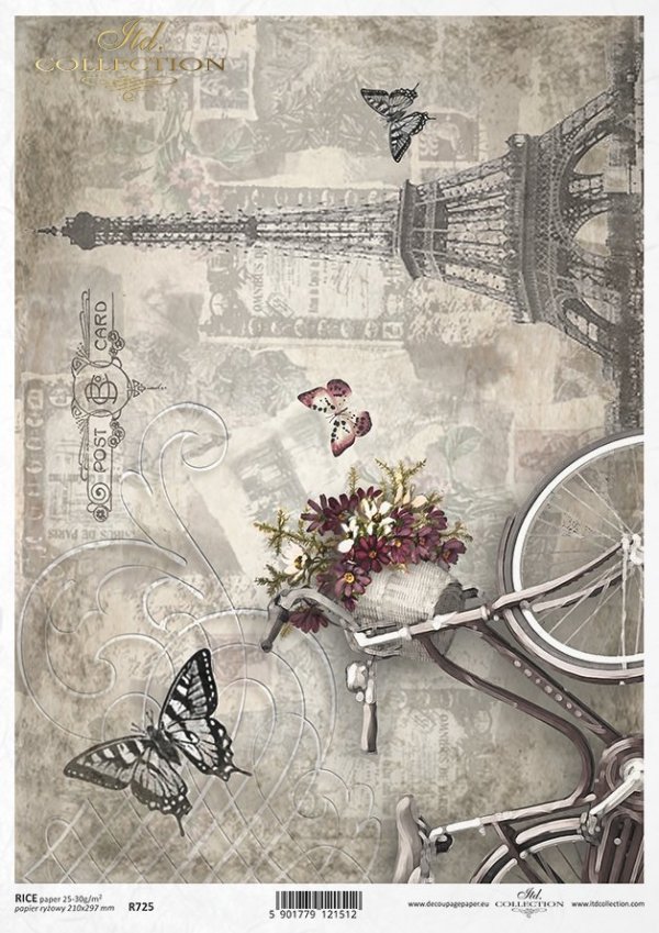 vintage, retro, kwiat, rower, damka, kosz z kwiatami, dekor, ornament, motyl, ćma, Paryż, Wieża Eifla, R725, flower, bicycle, basket of flowers, decor, ornament, butterfly, moth, Paris, Eifel Tower, Blume, Fahrrad, Blumenkorb, Dekor, Ornament, Schmetterli