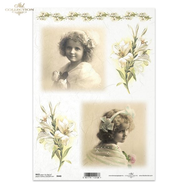 First Holy Communion. Young lady, symbols of innocence, children, girls, white lilies, bows in hair