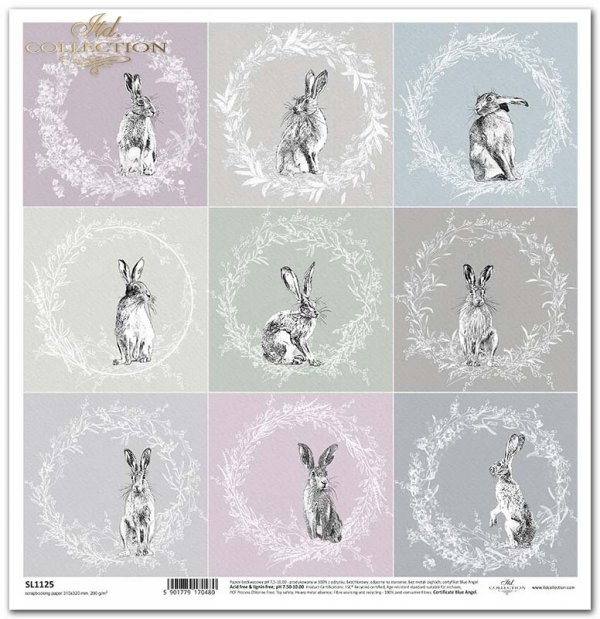 Seria Shabby Chic- zające z wieńcami na kolorowych tłach*Series Shabby Chic - bunnies with wreaths on colourful backgrounds*Serie Shabby Chic - Hasen mit Kränzen auf bunten Hintergründen*Serie Shabby Chic - conejitos con guirnaldas sobre fondos coloridos