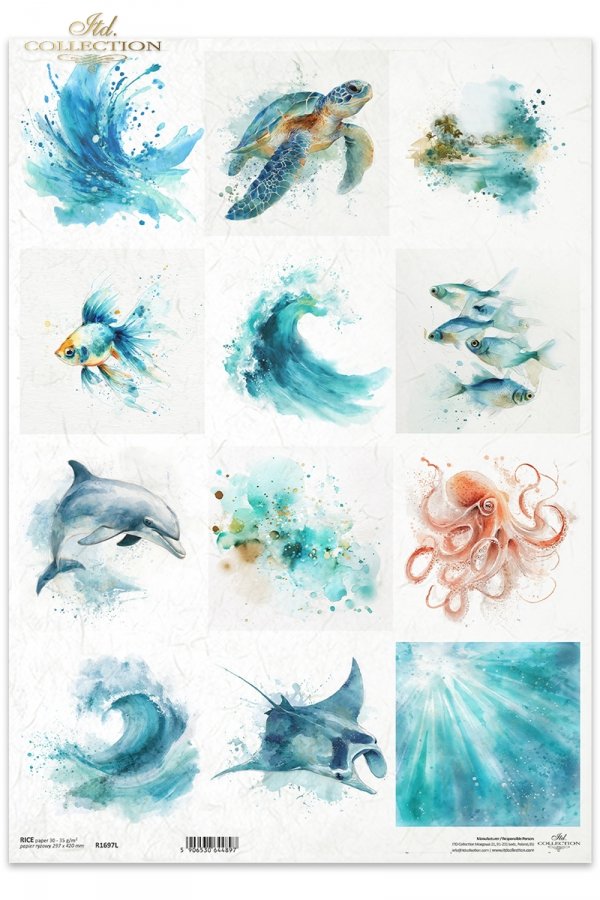  Żółw morski, złota rybka, ryby, delfin, ośmiornica, manta, płaszczka, ocean, fauna, akwarela*Sea turtle, goldfish, fish, dolphin, octopus, manta ray, stingray, ocean, fauna, watercolor