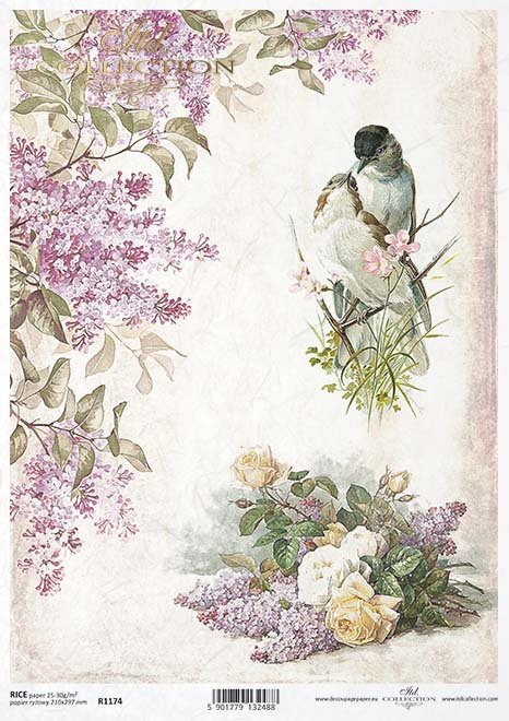 decoupage de papel lilas, rosas, pájaros*Decoupage Papier Flieder, Rosen, Vögel