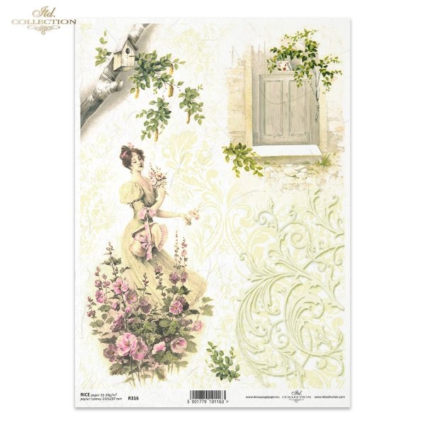 spring, flower, flowers, mallow, birdhouse, woman, dress, retro