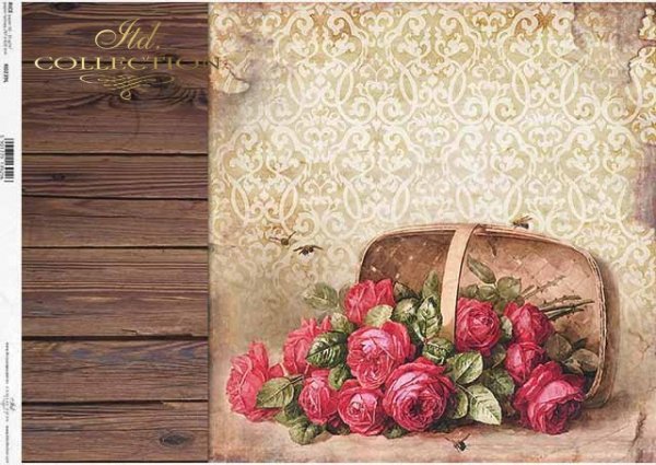 Papier decoupage deski, tapeta, koszyk z różami*Paper decoupage boards, wallpaper, basket with roses