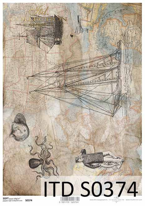 papier decoupage mapa, żaglowiec, motywy marynistyczne*decoupage paper map, sailing ship, nautical motifs