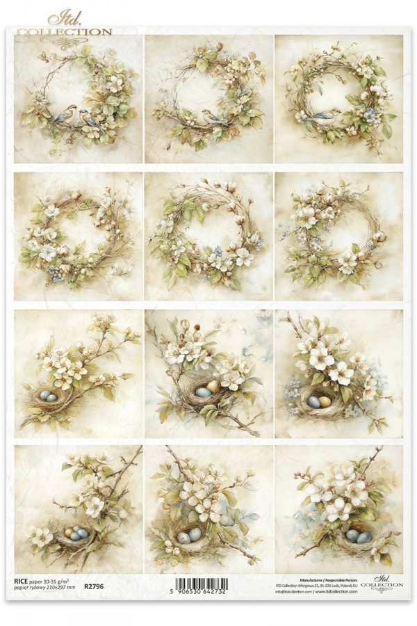 wianki, ptaki, gniazda, jajka, kwiaty jabłoni, styl vintage, pastelowe kolory, motywy wiosenne, akwarela