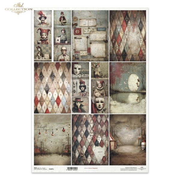 Carnival - Masquerade * Karnawał - Masquerade - karnawał, maskarada, maski, arlekin, commedia dell’arte, cyrk, teatr, vintage, retro, melancholia, tajemnica, noc, papier postarzany, faktury, kolaż, postacie teatralne, Arlekin, Kolombina, Pulcinella (Pulci