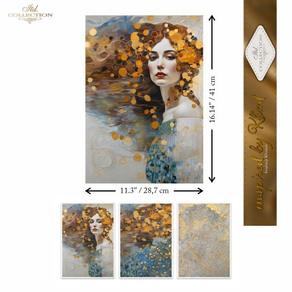 Papier decoupage morwowy FPA3002, Seria Inspired by Klimt, kobiety, zloto, dekoracyjne wzory, kamienie szlachetne, mozaiki, motywy secesyjne * Mulberry decoupage paper FPA3001, women, gold, decorative patterns, gemstones, mosaics, Art Nouveau motifs *Pape