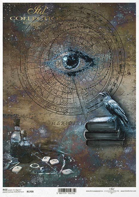 Nieodkryty magiczny świat - Alchemia, oko, kruk, księgi, butelki, niebo, galaktyka, zodiak, kosmogram, tło, kolaż...