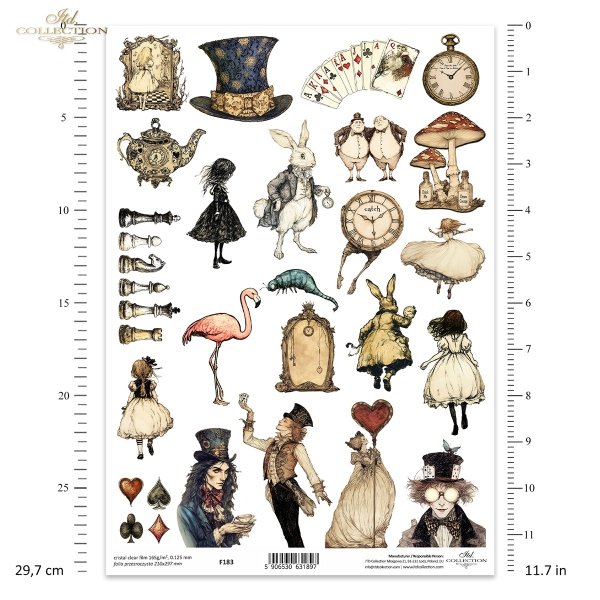 Baśniowe elementy, szachy, Alicja, dziewczynka, Kapelusznik, symbole kart, Biały Królik, kapelusz, karty, zegarek, filiżanka, flaming, gąsienica*Fairy tale elements, chess, Alice, girl, Hatter, card symbols, White Rabbit, hat, cards, watch, cup, flamingo,