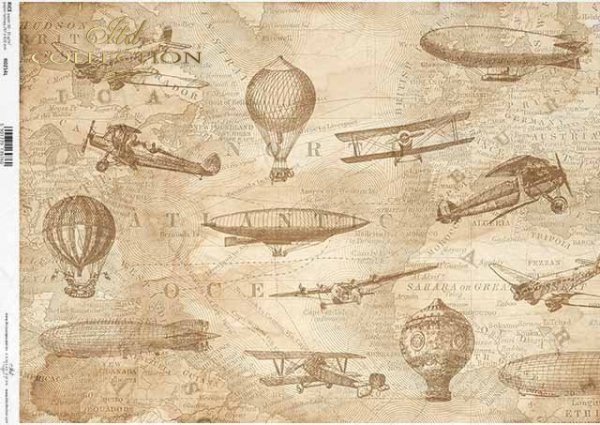 mapa de papel decoupage en sepia, aviones, globos*Karte Decoupage Papier in Sepia, Flugzeuge, Luftballons*карта декупаж бумаги в сепии, самолеты, воздушные шары
