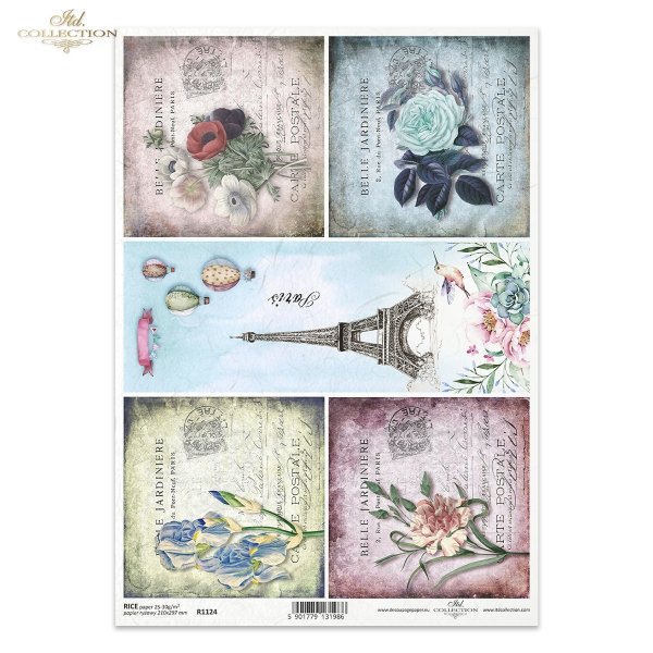 kwiaty, Wieża Eiffla, Paryż, róża, róże, maki, goździki, irysy, balony na gorące powietrze, retro tło, tła, stare pocztówki, carte postale, flowers, Eiffel Tower, Paris, roses, poppies, carnations, irises, hot air balloons, backgrounds