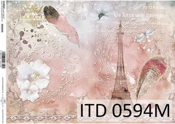 papier decoupage z koronką, piórka, Wieża Eiffla*Decoupage paper with lace, feathers, Eiffel Tower