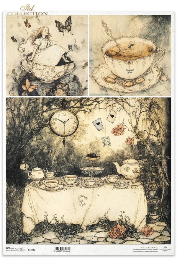 Filiżanka, zastawa stołowa, dziewczynka na filiżance, Alicja, zegar, baśniowa kompozycja*Cup, tableware, girl on cup, Alice, clock, fairy tale composition*Tasse, Geschirr, Mädchen auf Tasse, Alice, Uhr, Märchenkomposition*Taza, vajilla, niña sobre taza, A