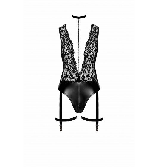 F297 Libido Deep-V bodysuit with collar, pearl chain and garter M