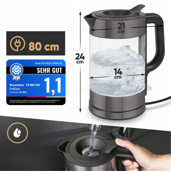 Czajnik elektryczny szklany 1.7 L ProfiCook PC-WKS 1322 G (ciemny inox)