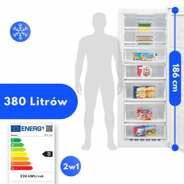 Zamrażarka z możliwością pracy jako chłodziarka 2w1 380l Bomann GSVS 7365 No Frost Inverter