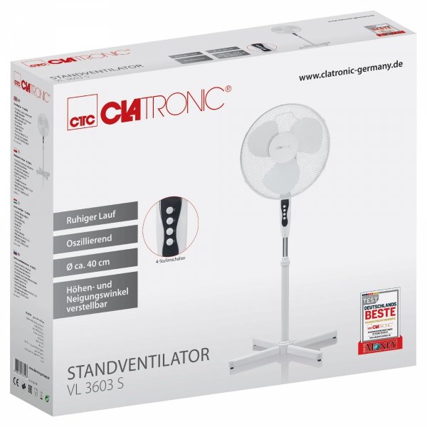 Wentylator stojący wiatrak podłogowy Clatronic VL 3603 S (Ø40cm, wys.125cm, biały)