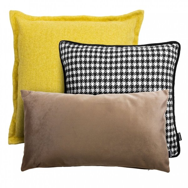 Żółto Beżowy zestaw poduszek Velvet + Pepitka + Tweed
