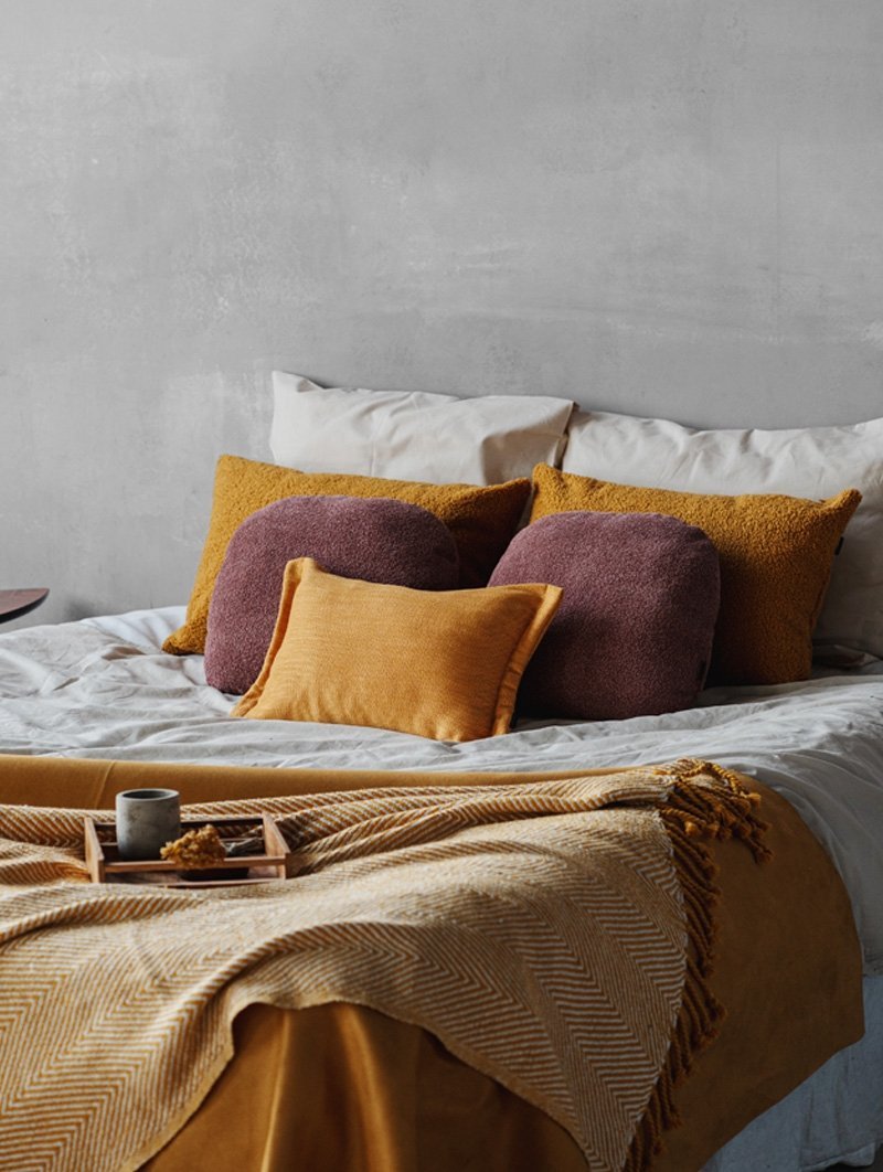 Yellow-Purple Set of 5 Decorative Pillows for Bedroom