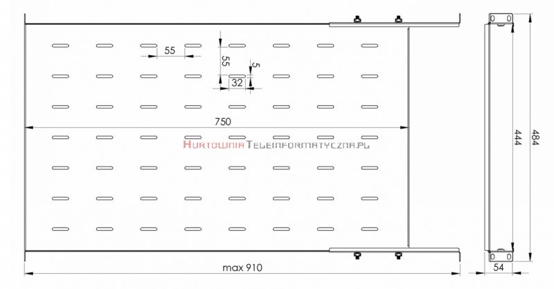 Półka stała 19&quot;, 1U, o gł. 750 mm., mocowana w czterech punktach RAL 7035 szary