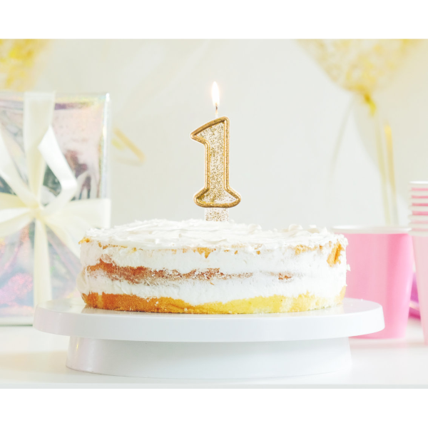Świeczka urodzinowa na tort brokatowa ZŁOTA CYFRA 1