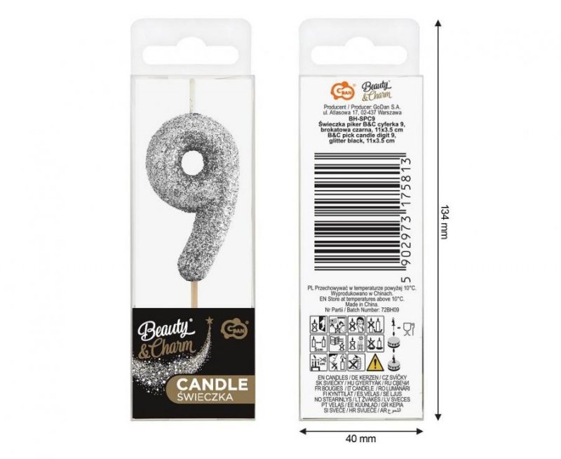 Świeczka Piker MINI Cyfra 9, BIO Brokatowa Czarna – 1 Szt.