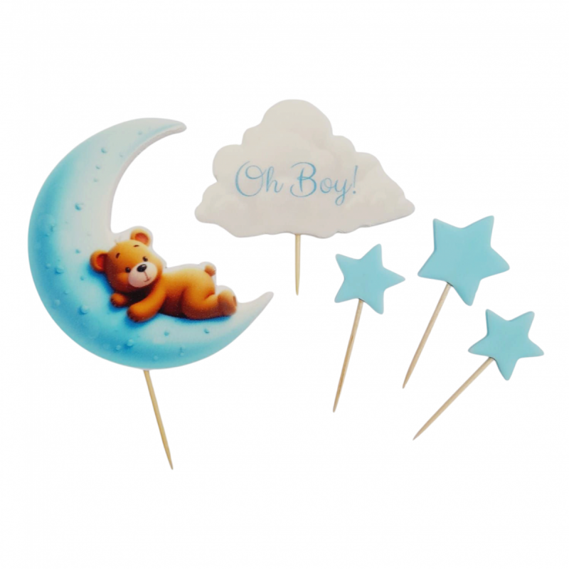 Dekoracje cukrowe – Miś na Księżycu z napisem &quot;Oh Boy!&quot; | Zestaw na tort baby shower | Masa cukrowa | Ręcznie robione